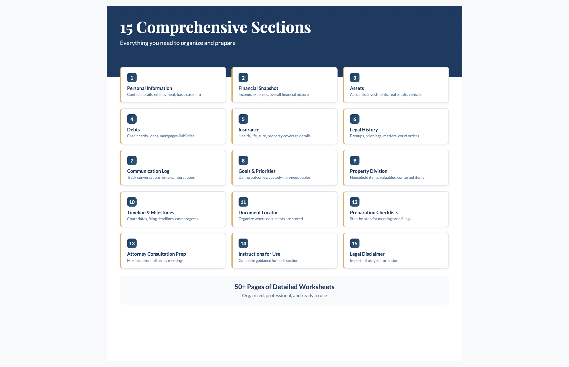Preview of the Legal & Life Events planning binder sheets